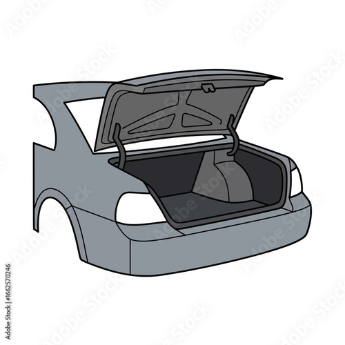 Open car trunk interior with gray body and white taillights.