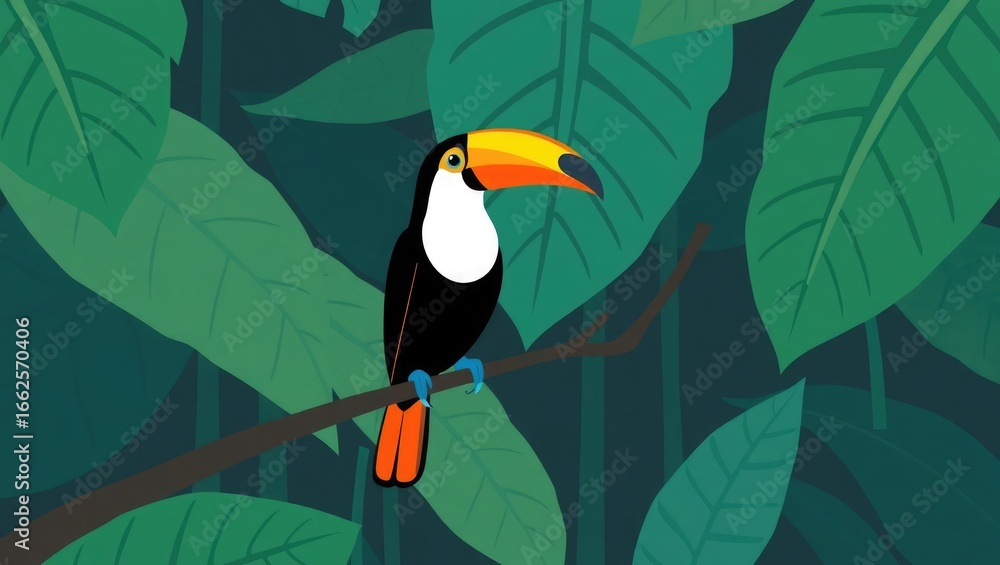 Fototapeta premium A colorful toucan perched on a tree branch amidst lush green foliage, a vibrant illustration.