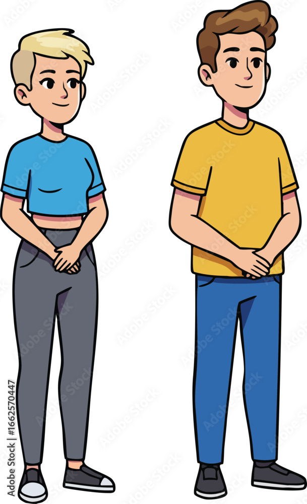 Obraz premium Two standing young people with casual clothing and relaxed posture vector illustration 