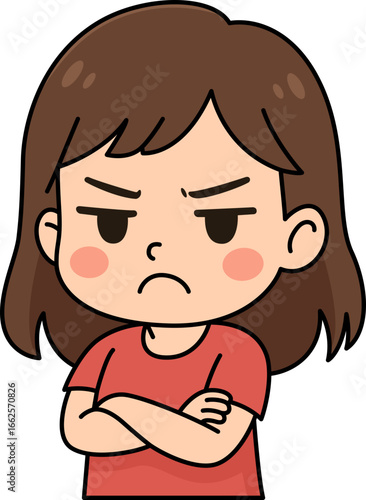 Adorable cartoon girl in pink outfit pouting