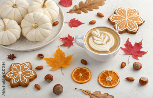 Cozy autumn composition. Hot coffee with cookies in a white cup surrounded by autumn leaves and pumpkins