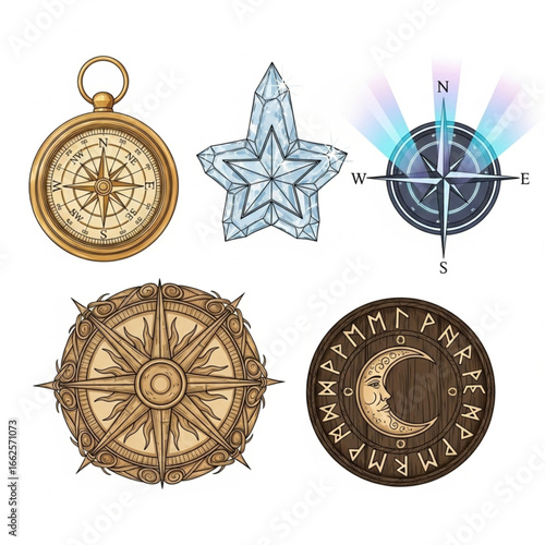 Collection of compasses, star crystal, and moon rune design elements.
