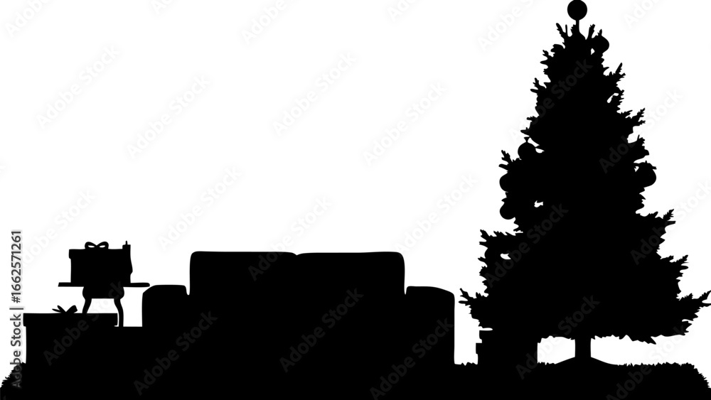Obraz premium Silhouette of christmas tree with ornaments presents and sofa against a white background holiday scene design
