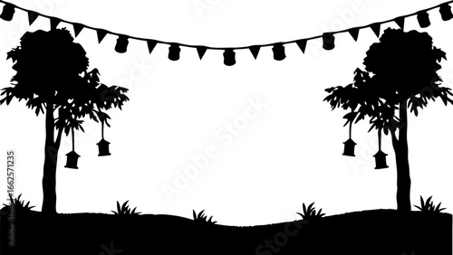 Silhouette of trees with hanging lanterns and pennant banner creating a festive atmosphere outdoors scene is shown