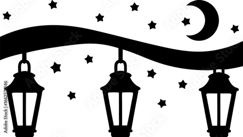 Silhouette of lanterns hanging from a branch with stars and a moon in the night sky illustration