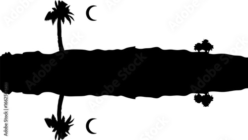 Silhouette of a palm tree and bushes reflected in water under a crescent moon at night scene view