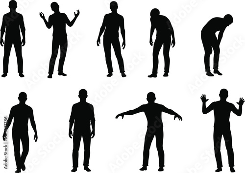 Silhouette of male figure in various body postures, emotional expressions, isolated standing man poses, black human figure, vector illustration