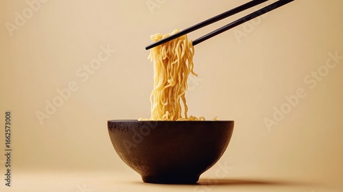 Minimalist scene of noodles being picked up by chopsticks, isolated on a clean background with a modern-style bowl.