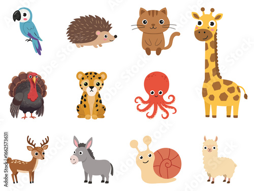 Charming collection of cute cartoon animals, featuring beloved woodland characters and diverse friends for playful designs.