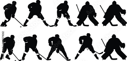 Silhouettes of ice hockey players in various action poses, skating, shooting, defending, and goalkeeping, showcasing sports motion and energy.