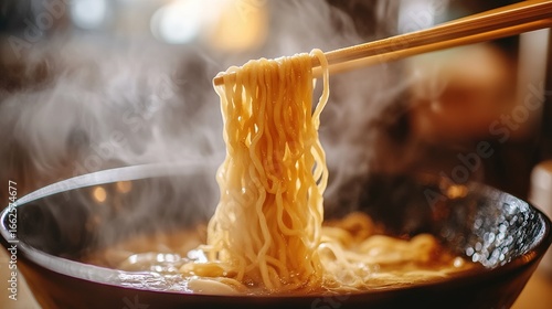 Side view of wooden chopsticks picking up long noodles from a ramen bowl, with steam rising gently in the background.