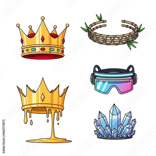 Collection of crowns, VR glasses, bamboo headwear and crystals illustrations.