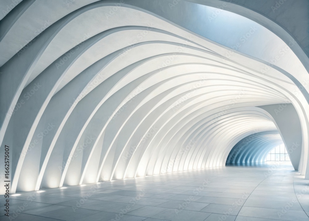 Fototapeta premium Modern architectural tunnel with curved white walls and soft lighting