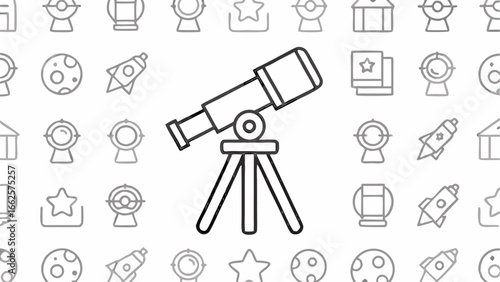 A telescope on a tripod surrounded by space themed icons in a repeating pattern on a white background