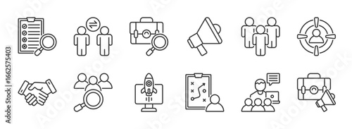 Recruitment Vector Icon Set. HR, hiring, resume, candidate, interview, career, job, employee, talent, team, selection, search icons. EPS 10
