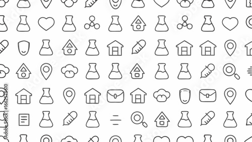 Seamless pattern with outline icons of laboratory beakers, houses, hearts, and other miscellaneous symbols