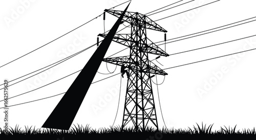 Silhouette of electrical lineman climbing high voltage transmission tower, power line maintenance, energy infrastructure, safety harness, utility pole repair, outdoor electrical work,
