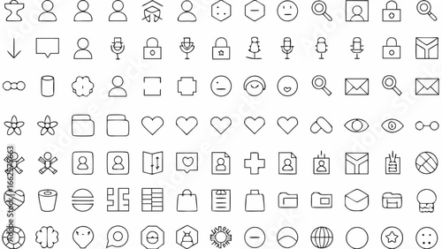 Collection of various outline icons including people, objects, symbols and geometric shapes design elements