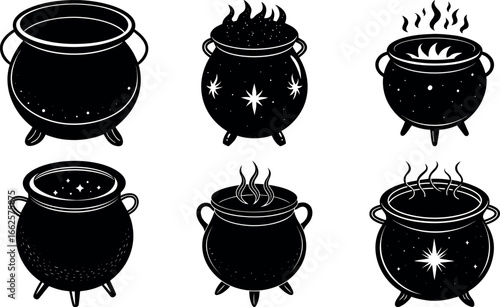 Collection of Black Cauldron Illustrations for Halloween and Witchcraft Designs