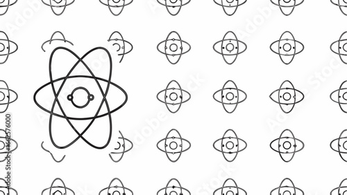 Atom structure pattern with orbits and nucleus in black and white science and technology illustration