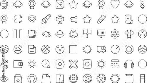 A collection of various outline icons including planets stars geometric shapes and other assorted symbols