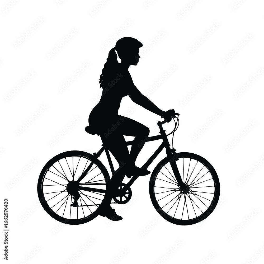 Naklejka premium Silhouette of a Woman Riding a Bicycle with Protective Helmet for safety, a woman cycling silhouette vector illustration