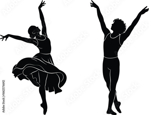 Silhouettes of male and female ballet dancers performing elegant poses, showcasing grace, movement, performance, dance art, and expression.