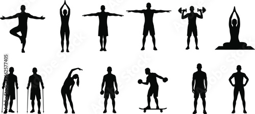 Silhouettes of people doing fitness, yoga, stretching, weightlifting, sports activity, home workout, health lifestyle, exercise poses, isolated illustration
