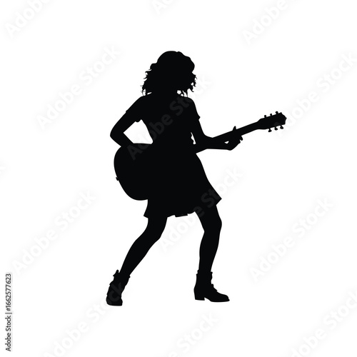 Silhouette of a young woman with a guitar playing music energetically, a woman playing guitar silhouette vector illustration