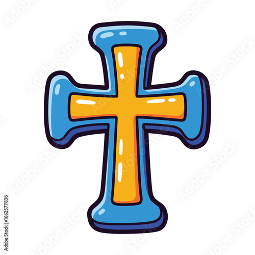 A stylized blue and yellow christian cross symbol, isolated on a, representing faith, religion, and spirituality