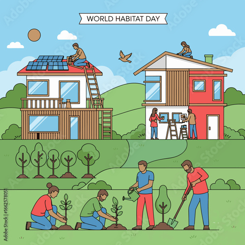 Celebrating World Habitat Day with community efforts in sustainable living, home improvement, and environmental protection through planting and renovation.