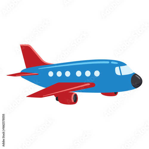 Blue airplane with red accents flying