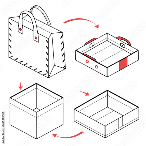Collapsible Tote Bag Assembly Diagram: Red And White Isometric Illustration