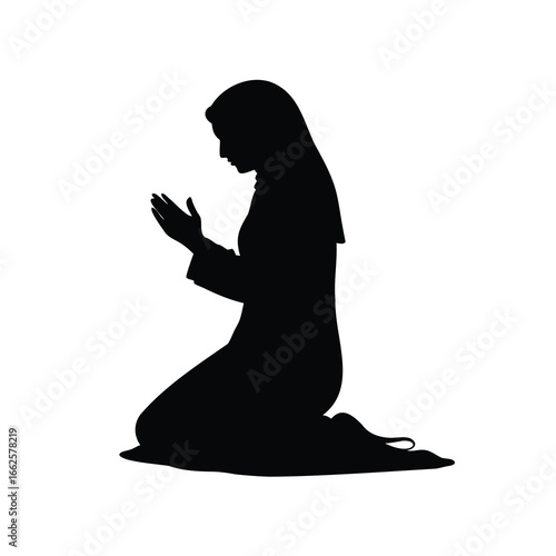 Silhouette of a woman kneeling and praying with head covered in contemplation, a woman praying with hijab silhouette vector illustration