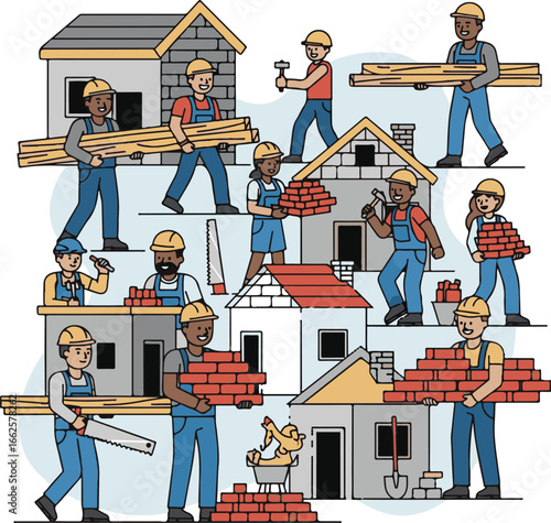 Construction Crew Working on Building Homes with Bricks, Wood, and Tools