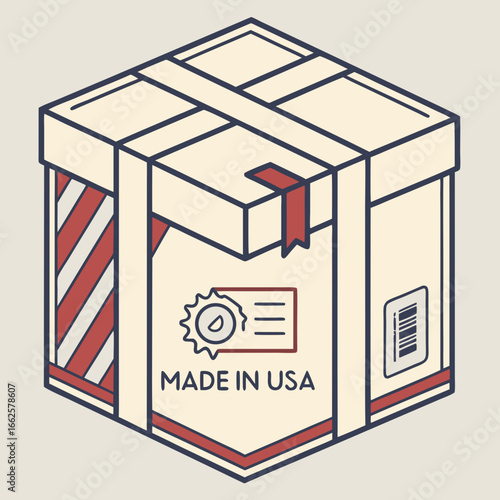 Isometric Illustration of a Beige Package with Red Stripes and Made in USA Label