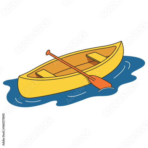 Yellow canoe with paddle floating on blue water, , representing outdoor adventure, recreation, and peaceful travel