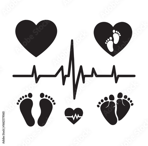 Newborn and Pregnancy Vector Set – Heartbeat, Footprints & Family Love