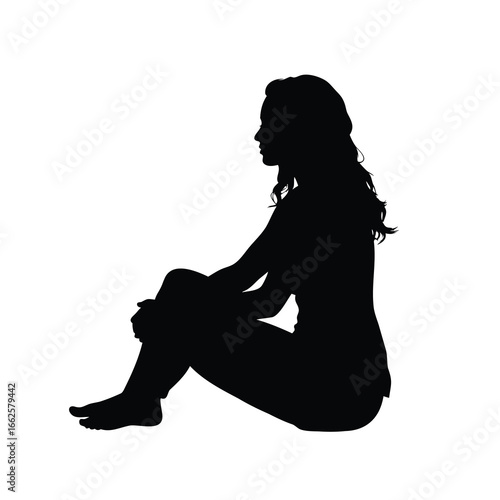 Black silhouette of a woman sitting on the ground with her knees, a woman sitting silhouette vector illustration