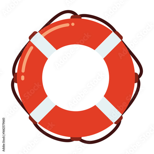 A bright orange lifebuoy with white stripes and dark ropes, isolated on a, symbolizing safety and rescue