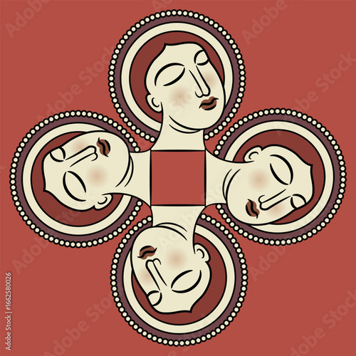 Geometrical cross shape design with four heads of a Christian saints in nimbuses. Medieval religious design. On red background.
