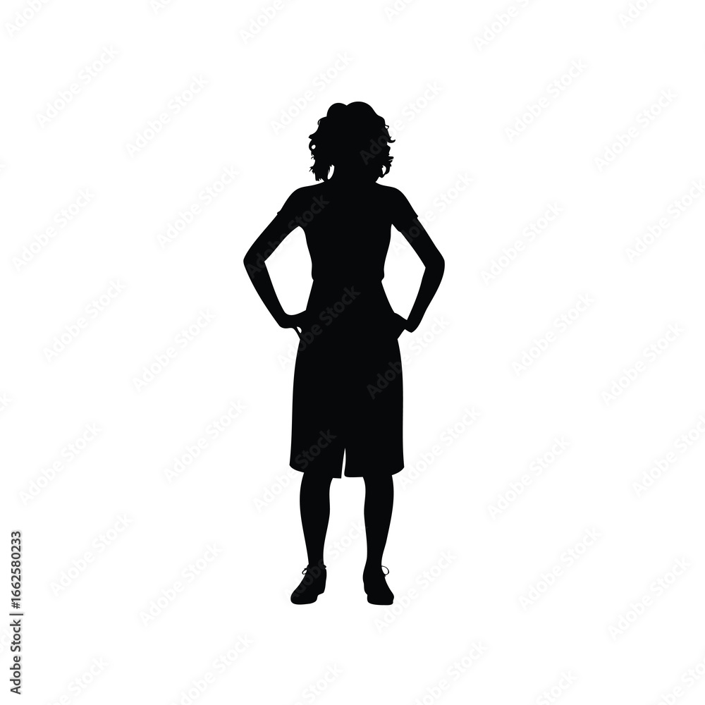 Fototapeta premium Silhouette of a woman standing with hands on hips, wearing casual clothes, a woman standing silhouette vector illustration