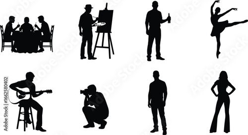 Silhouettes of people in various creative and leisure activities including painting, dancing, photography, music, dining, modeling, and drinking.
