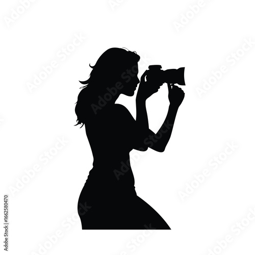 Silhouette of a female photographer operating a DSLR camera with wavy hair, a woman taking photo silhouette vector illustration