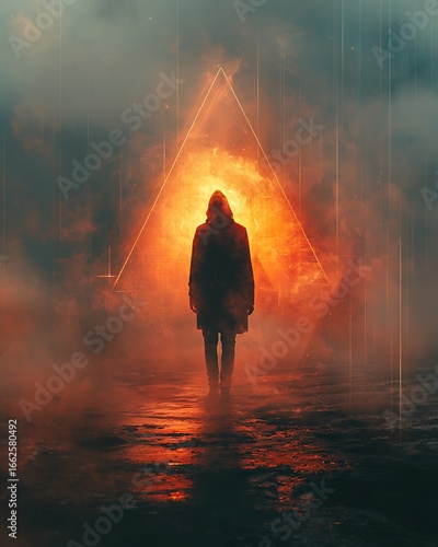 Cloaked Figure Before Fiery Triangle in Fog