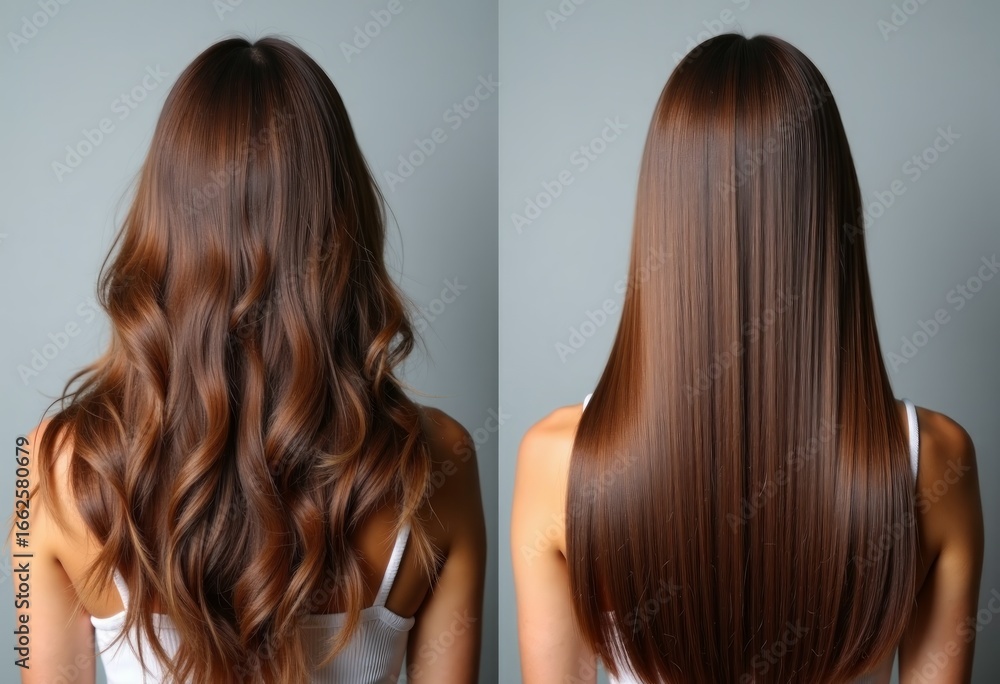 Fototapeta premium Before and after hair treatment photo of the back view of a woman with long, brown, hair. The left side shows her frizzy while the right side has smooth, shiny hair. Grey background