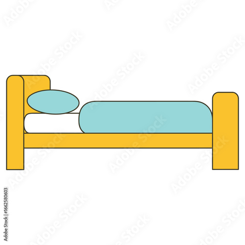 A cartoonstyle illustration of a yellow bed with a blue pillow and light blue sheet, isolated on a
