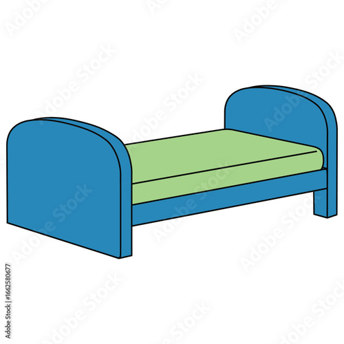 A blue childrens bed with a green mattress, isolated on a