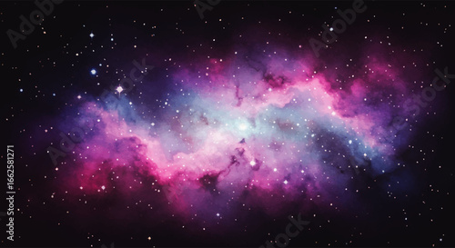 A vibrant nebula bursts with color, showcasing a cosmic cloud of pink, blue, and purple hues against a backdrop of distant stars.