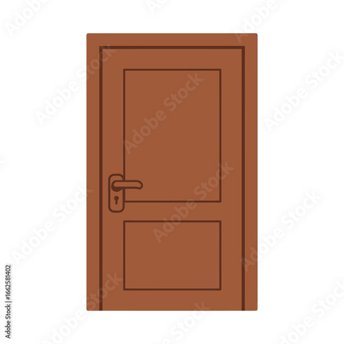 A simple brown wooden door with a metal handle and lock, isolated on a, representing entry and access to a home or building